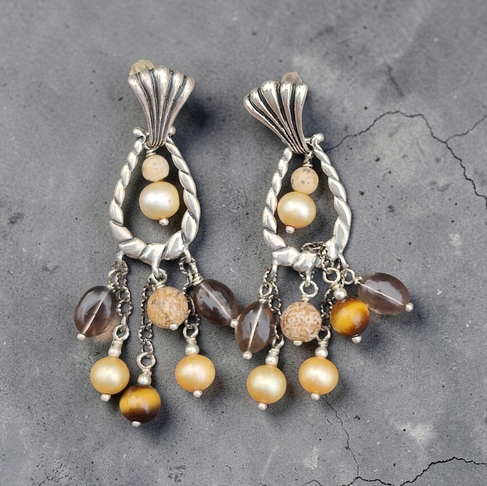Vintage Sterling Carolyn Pollack Pearl And Gemstone Earring